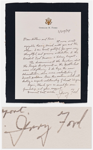 Gerald Ford Autograph Letter Signed from March 1978 Obliquely Critiquing President Jimmy Carter-- ...I do hope the new Administration shows more understanding of Israels problems...