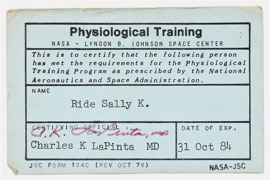 Sally Ride's Personally Owned NASA Physiological Training Card from 1984