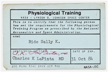 Sally Rides Personally Owned NASA Physiological Training Card from 1984