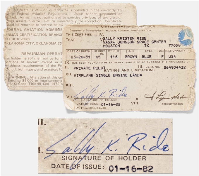 Sally Ride's Personally Owned and Signed Pilot's License -- With Part of the Shirt Worn by Ride During Her Certifying Flight