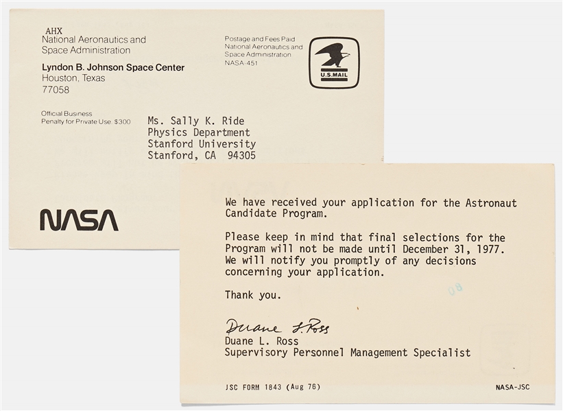 NASA Postcard to Sally Ride from 1977 Confirming the Receipt of Her Application to the Astronaut Candidate Program