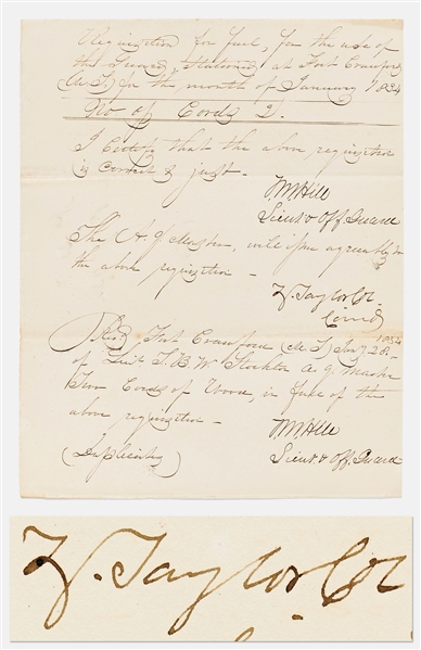 Zachary Taylor Signed Requisition Form for Fort Crawford Shortly After the Black Hawk War