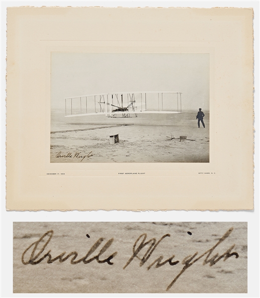 Orville Wright Signed First Flight Photo Measuring 7 x 4.875 on Display Mat Measuring 11 x 9 -- Uninscribed in Near Fine Condition