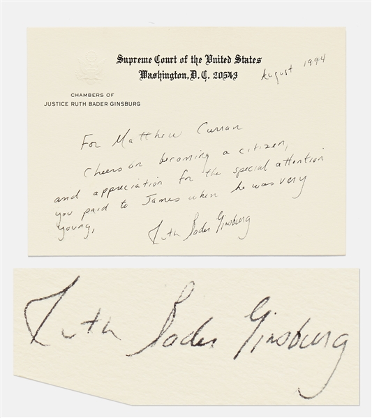 Ruth Bader Ginsburg Autograph Note Signed on U.S. Supreme Court Cardstock -- "Cheers on becoming a citizen"