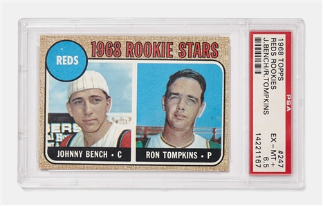 Johnny Bench  & Ron Tompkins 1968 Topps Cincinnati Reds Rookies Card #247 -- PSA Graded Excellent-Mint Plus 6.5