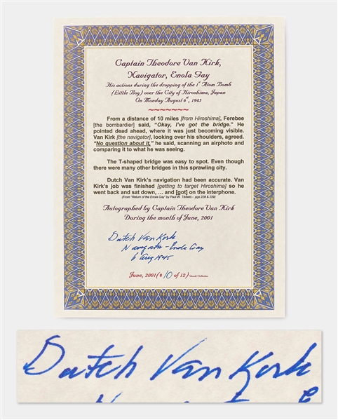 Dutch Van Kirk Signed Statement from Return of the Enola Gay, Describing the Atomic Bomb Target in Hiroshima, Japan