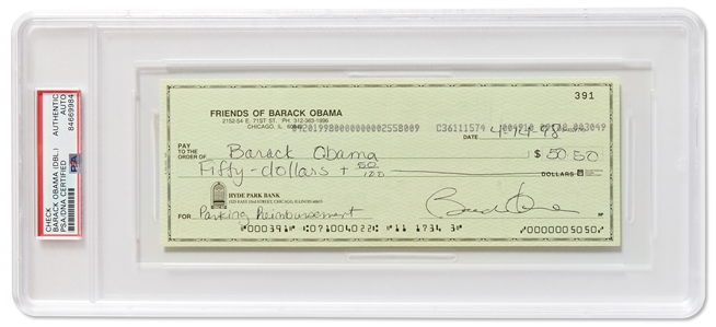 Barack Obama Twice-Signed Check, Authorized by Obama & Also Endorsed by Him on Verso -- PSA/DNA Encapsulated