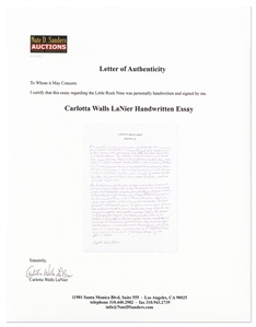 Carlotta LaNier, the Youngest of the ''Little Rock Nine'' Autograph Essay Signed -- ''...After the news cameras left...we experienced routine harassment and even violence...my home was bombed...''