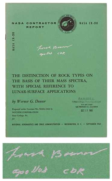 Frank Borman Signed NASA Report on Moon Rocks -- With Novaspace COA