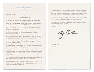 George W. Bush Signed Speech Delivered to Congress on 20 September 2001 -- Bush Calls on Nations to Choose a Side: Either you with us or you are with the terrorists -- With Beckett COA