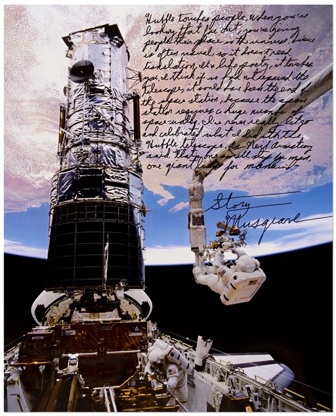 Astronaut Story Musgrave Signed 20 x 16 Photo of Musgrave Fixing the Hubble Space Telescope -- ...Science is often visual, so it doesnt need translation...