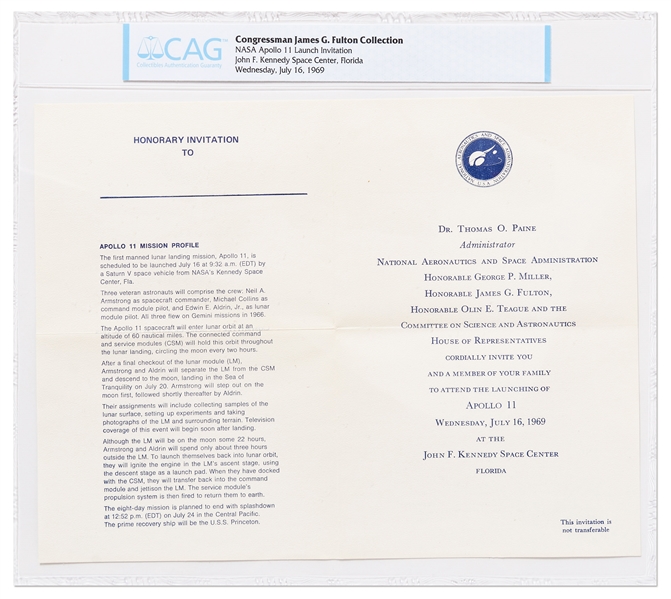 Original Apollo 11 Launch Invitation -- Encapsulated by CAG