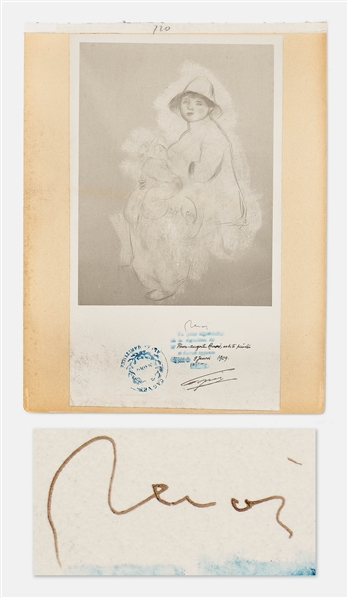 Pierre-Auguste Renoir Signed Print of a Study for His 1885 Painting Maternite -- Signature Witnessed by the Mayor of Cagnes, France in 1909 & Used to Authenticate Renoirs Artwork