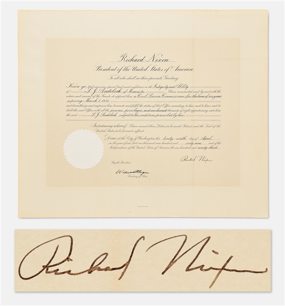 Richard Nixon Appointment Signed as President for the Now-Defunct U.S. Civil Service Commission -- With PSA COA