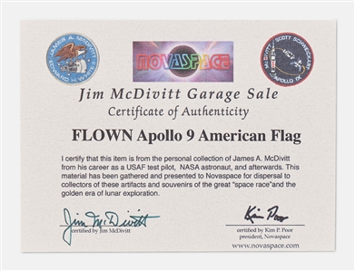 Apollo 9 Flown U.S. Flag, with Signed Certificate by Commander James McDivitt -- With Additional Novspace COA