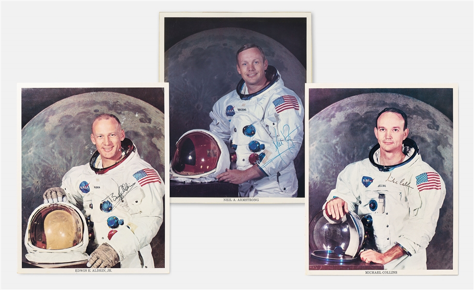 Apollo 11 Crew-Signed White Spacesuit Photos -- Each Photo Uninscribed -- With Zarelli COAs for All Three Photos