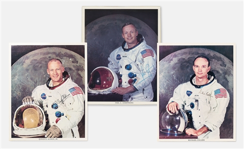 Apollo 11 Crew-Signed White Spacesuit Photos -- Each Photo Uninscribed -- With Zarelli COAs for All Three Photos