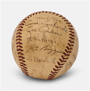 1947 New York Giants Team Signed Baseball -- 24 Signatures of Bobby Thomson, John Mize, Larry Jansen, Monte Kennedy, Sheldon Jones, Buddy Kerr, Andy Hansen, Sid Gordon & More