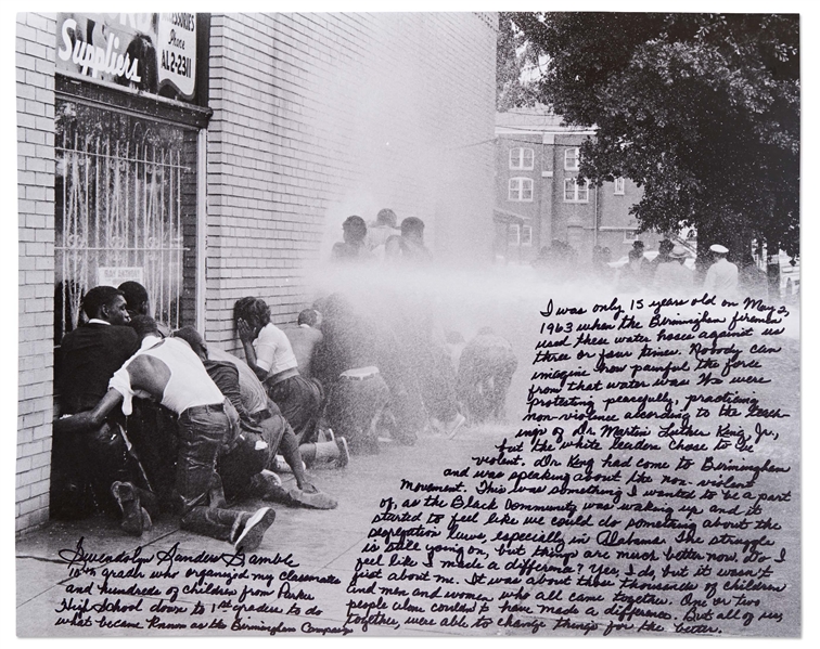 Incredible 20 x 16 Photo Essay Handwritten & Signed by Gwendolyn Sanders, Who Led the 1963 Student Protest in Birmingham, Alabama -- ...Birmingham firemen used these water hoses against us...