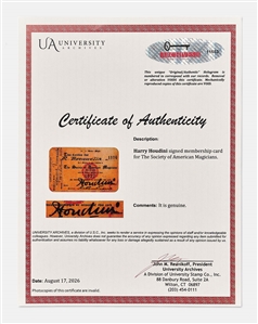 Harry Houdini Signed Membership Card for The Society of American Magicians -- With University Archives COA