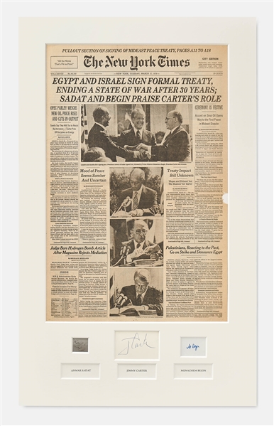 Signed Display for the Egypt-Israel Peace Treaty in 1979 -- Signed by Jimmy Carter, Anwar Sadat and Menachem Begin -- With PSA COAs