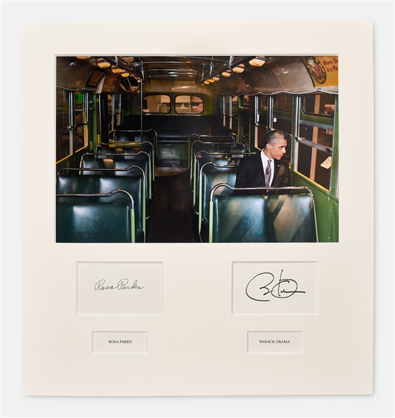 Barack Obama & Rosa Parks Signed Display -- Showing the Powerful Image of Obama Sitting in the Same Bus that Launched the Civil Rights Movement