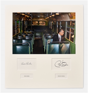 Barack Obama & Rosa Parks Signed Display -- Showing the Powerful Image of Obama Sitting in the Same Bus that Launched the Civil Rights Movement