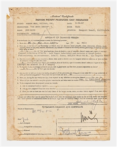 John Wayne Signed Medical Document from 1967 to Physically Insure Him for Filming ''The Green Berets'' -- With PSA COA, Signature Graded 8