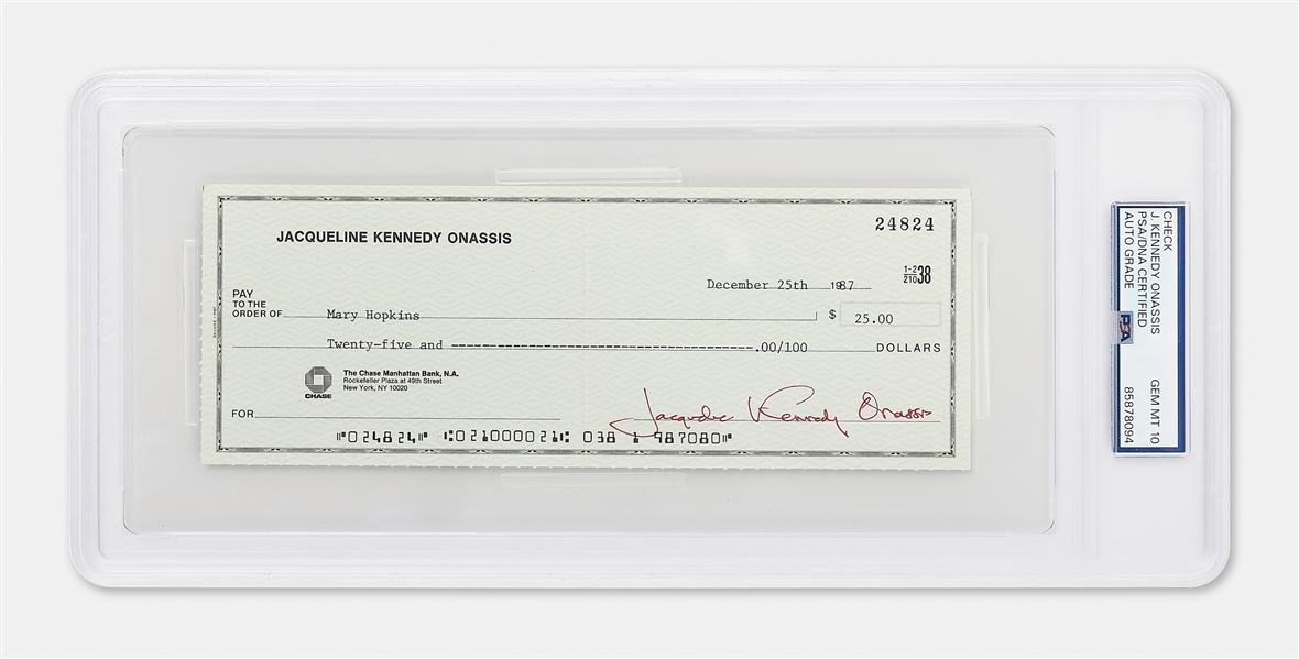 Jacqueline Kennedy Check Signed in Bold Red Ink, Issued on Christmas 1987 -- PSA Encapsulated with Signature Graded 10