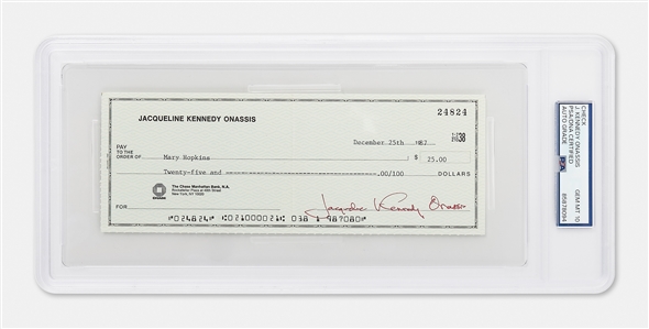 Jacqueline Kennedy Check Signed in Bold Red Ink, Issued on Christmas 1987 -- PSA Encapsulated with Signature Graded 10