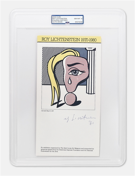 Roy Lichtenstein Signed Exhibition Brochure Featuring His Famous Artwork Girl with Tear III -- PSA Encapsulated with Signature Graded 10