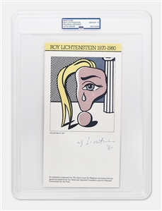 Roy Lichtenstein Signed Exhibition Brochure Featuring His Famous Artwork Girl with Tear III -- PSA Encapsulated with Signature Graded 10