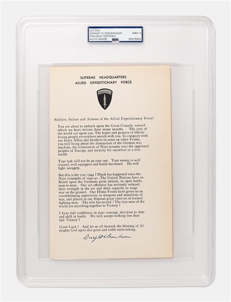 Dwight D. Eisenhower Signed D-Day Speech -- ...The hopes and prayers of liberty-loving people everywhere march with you...Your task will not be an easy one... -- PSA Slabbed, Signature Graded 9