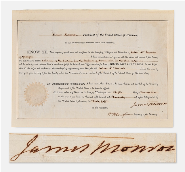 James Monroe Document Signed as President -- Monroe Appoints John McIntosh of Georgia as Customs Collector in 1820