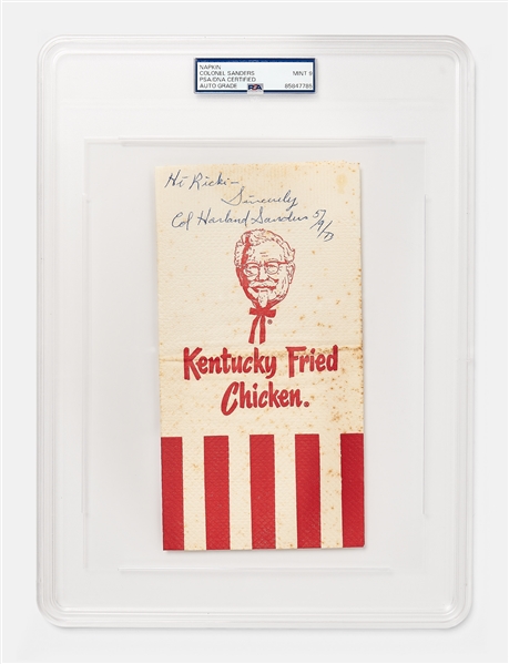 Colonel Sanders Signed Kentucky Fried Chicken Napkin from 1973 -- PSA Encapsulated with Sanders Signature Graded 9