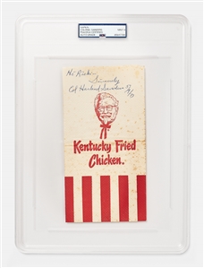 Colonel Sanders Signed Kentucky Fried Chicken Napkin from 1973 -- PSA Encapsulated with Sanders Signature Graded 9