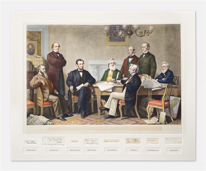 Abraham Lincoln & His Entire Cabinet Signed Display with a Photograph of the Reading of the Emancipation Proclamation -- Measures Over 39 x 32