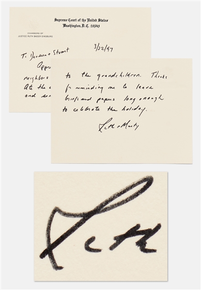 Ruth Bader Ginsburg Autograph Note Signed as Justice, Mentioning the Jewish Holiday Purim -- ...Thanks for reminding me to leave briefs and papers long enough to celebrate the holiday...