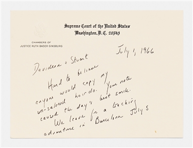 Ruth Bader Ginsburg Autograph Note Signed on Her Supreme Court Stationery -- ''...Hard to believe anyone would copy my un-saloned hairdo...''