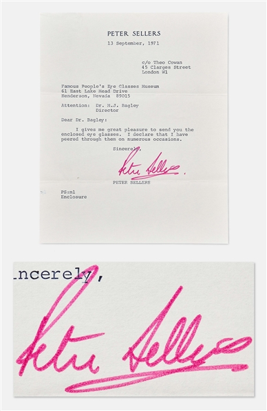 Peter Sellers Letter Signed from 1971 Regarding His Eyeglasses