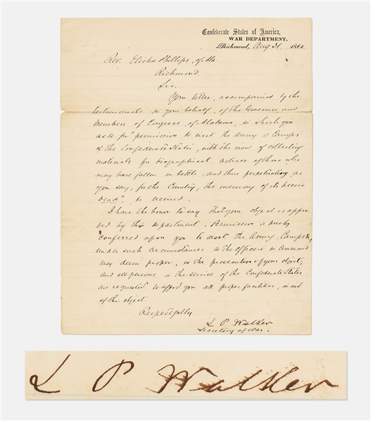 LeRoy Pope Walker Letter Signed as Confederate Secretary of War -- Walker Served as CSA War Secretary for Only Five Months
