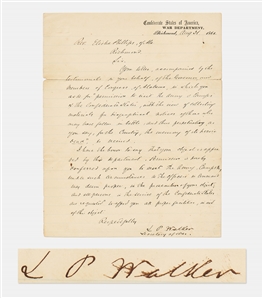 LeRoy Pope Walker Letter Signed as Confederate Secretary of War -- Walker Served as CSA War Secretary for Only Five Months