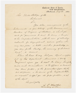 LeRoy Pope Walker Letter Signed as Confederate Secretary of War -- Walker Served as CSA War Secretary for Only Five Months