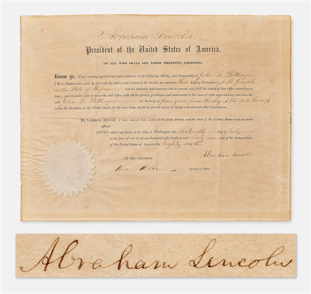 Abraham Lincoln Document Signed as President During the Civil War -- With Prominent Abraham Lincoln Signature
