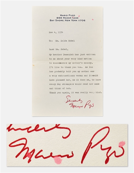 Mario Puzo Letter Signed from 1974 -- ...my mother was an extraordinary woman...