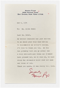 Mario Puzo Letter Signed from 1974 -- ''...my mother was an extraordinary woman...''