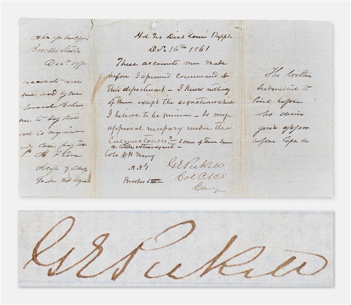Confederate General George Pickett Signed Civil War Expense Report -- Pickett Authorizes Expenses in December 1861 Which seem a little extravagant