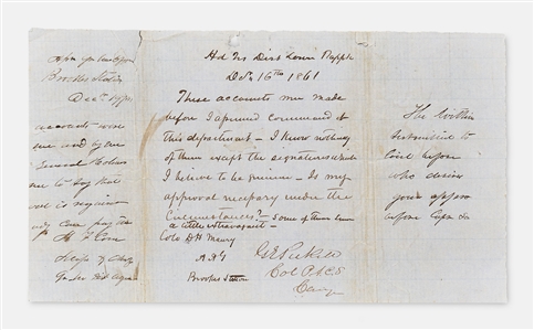 Confederate General George Pickett Signed Civil War Expense Report -- Pickett Authorizes Expenses in December 1861 Which ''seem a little extravagant''