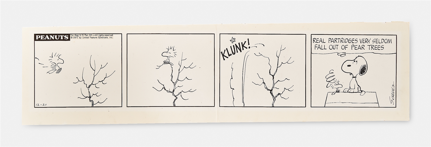 Charles Schulz Original Hand-Drawn Christmas-Themed Peanuts Comic Strip Featuring Snoopy & Woodstock