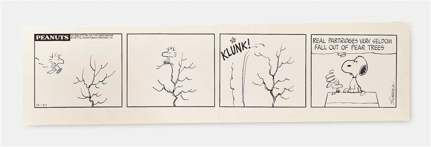 Charles Schulz Original Hand-Drawn Christmas-Themed Peanuts Comic Strip Featuring Snoopy & Woodstock